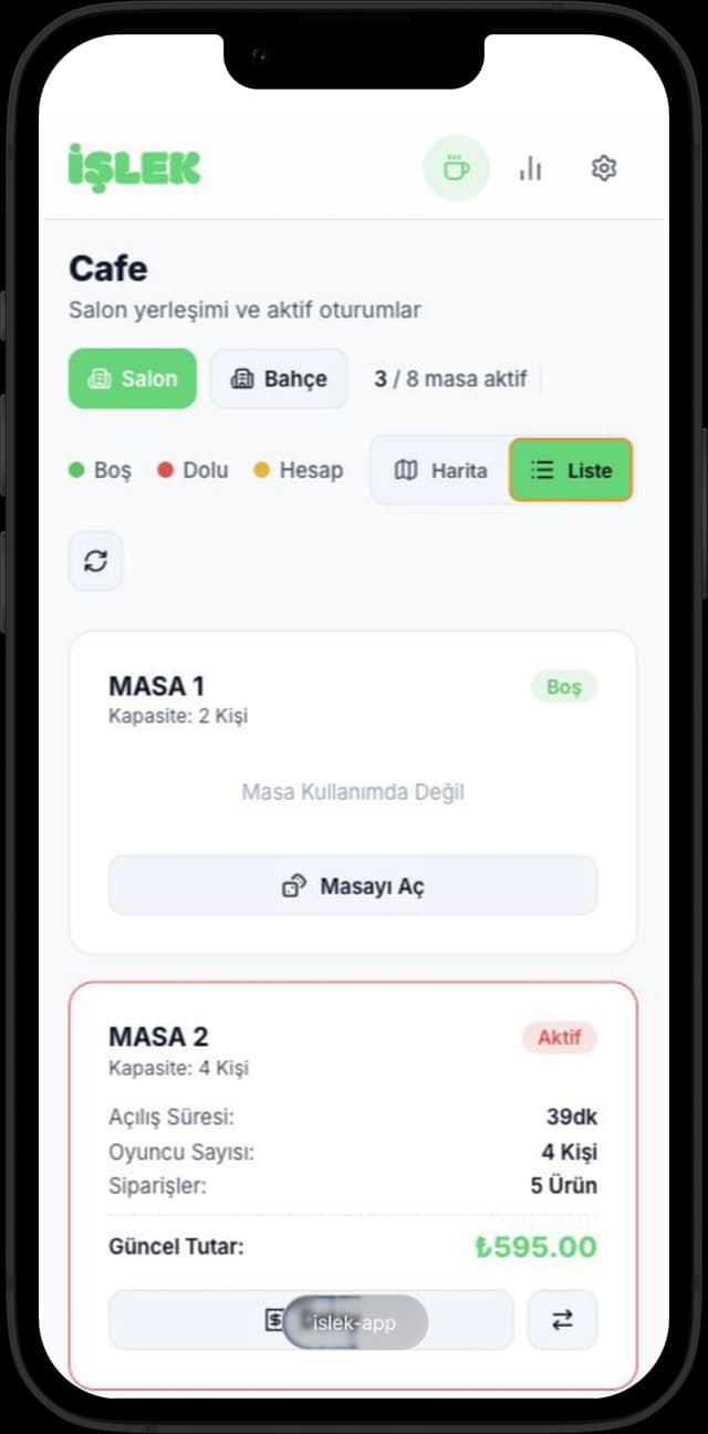 İşlek mobil masa ve sipariş yönetimi telefon ekranı